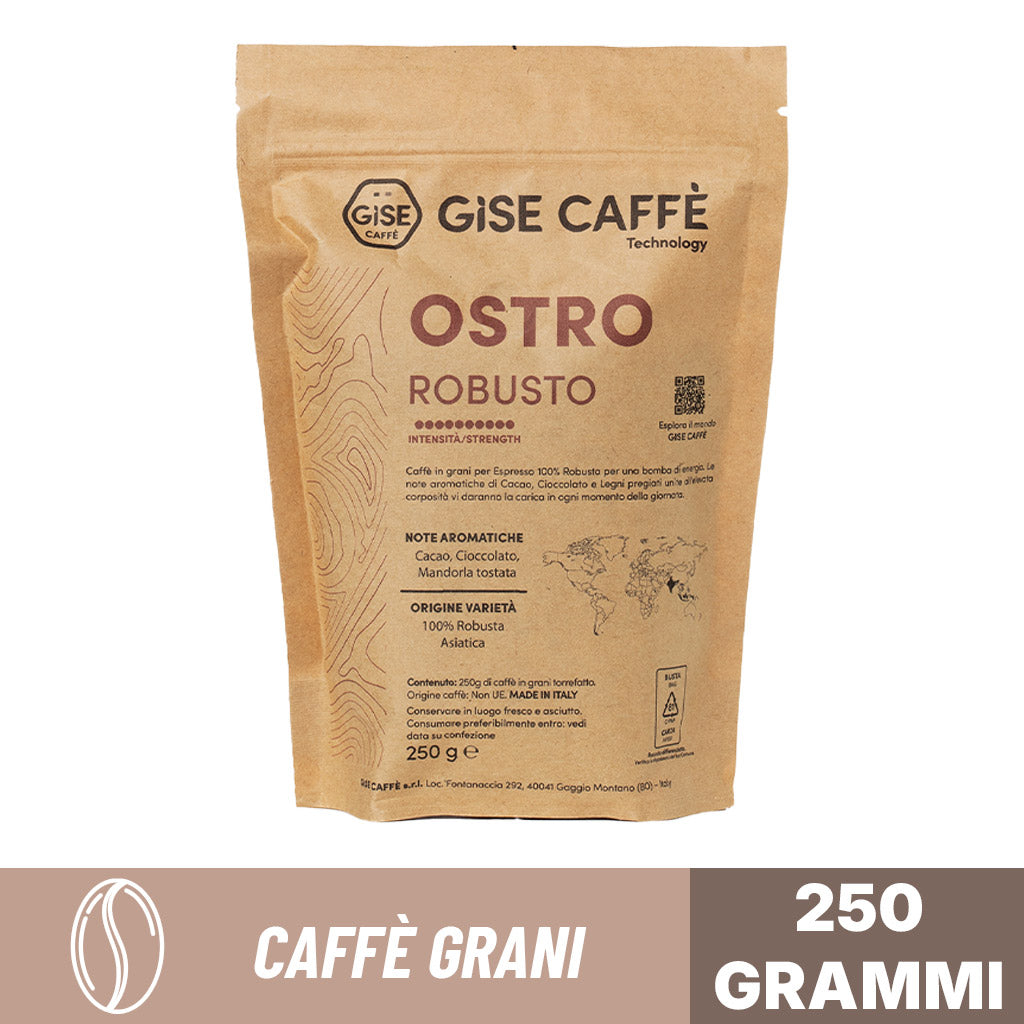 Caffè in grani Gise Ostro Robusto 250 g: 100% Robusta asiatica energica con note aromatiche di cacao e mandorla tostata.