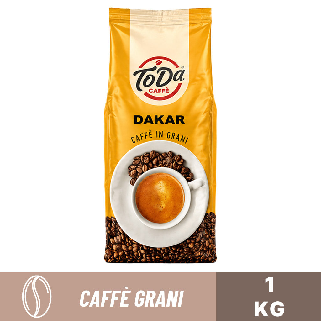 Caffè in grani Toda miscela Dakar da 1 kg: sacchetto salva-aroma per macchine espresso e bar.
