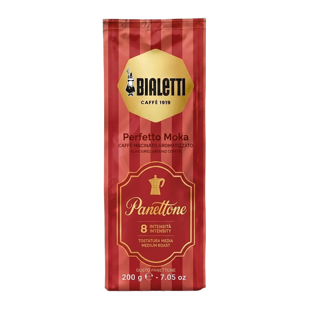 Vista frontale della confezione da 200 grammi di caffè macinato Bialetti Perfetto Moka, gusto aromatizzato Panettone con intensità 8.