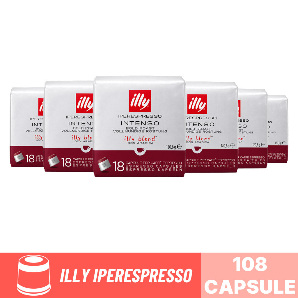 Capsule caffè Illy Iperespresso Intenso: box scorta da 108 capsule (6 confezioni da 18 pezzi) 100% Arabica.