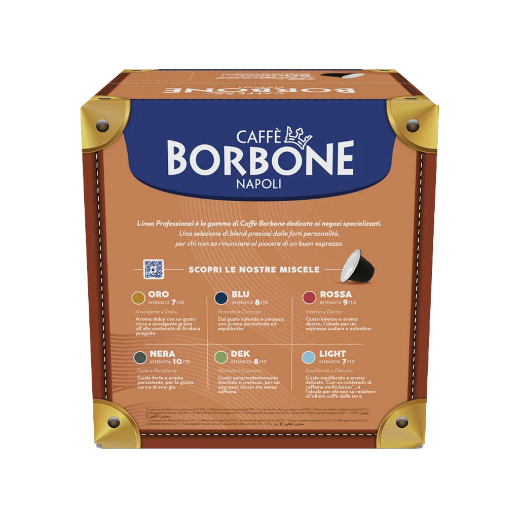 Retro scatola capsule compatibili Nespresso Caffè Borbone Linea Professional con caratteristiche miscela Light.