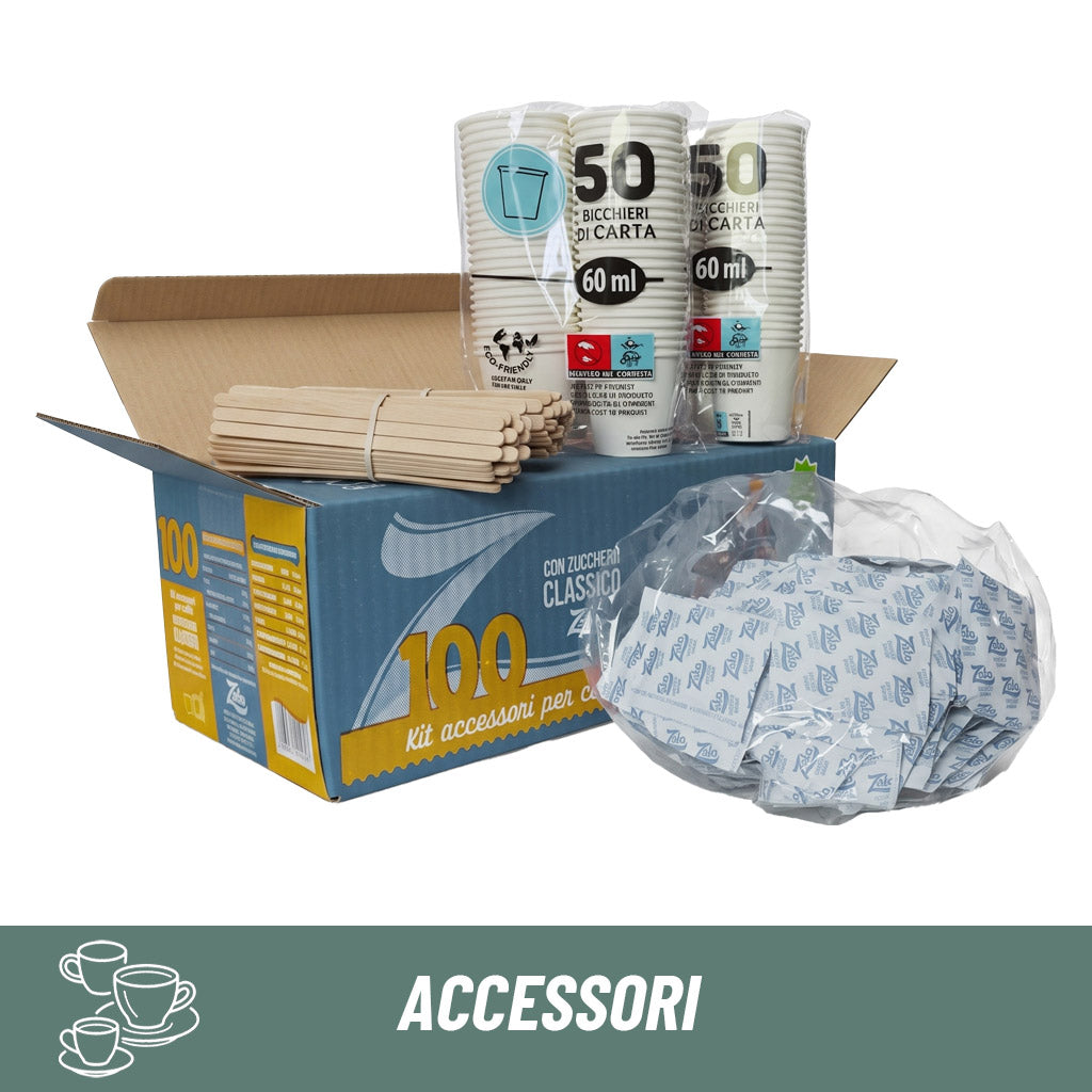 Kit accessori caffè 300 pezzi: bicchierini di carta da 60 ml, palette in legno e bustine di zucchero classico