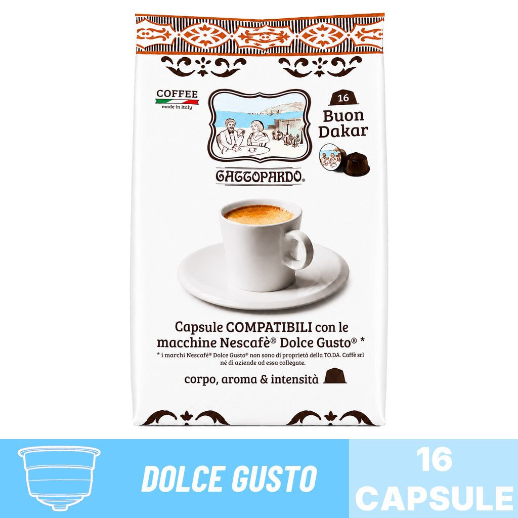 Busta da 16 capsule compatibili Nescafé Dolce Gusto Caffè Gattopardo miscela Buon Dakar.