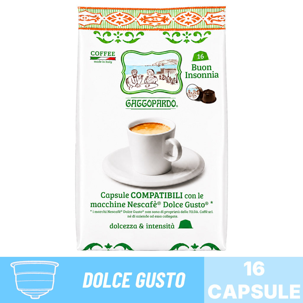 Busta da 16 capsule compatibili Nescafé Dolce Gusto Caffè Gattopardo miscela Buon Insonnia.