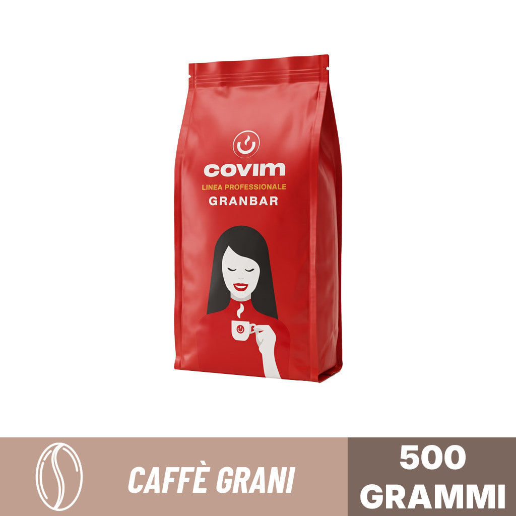 Confezione da 500 grammi di caffè in grani Covim Linea Professionale, miscela Granbar, mostrata di tre quarti con banner grafico "Caffè Grani 500 Grammi".