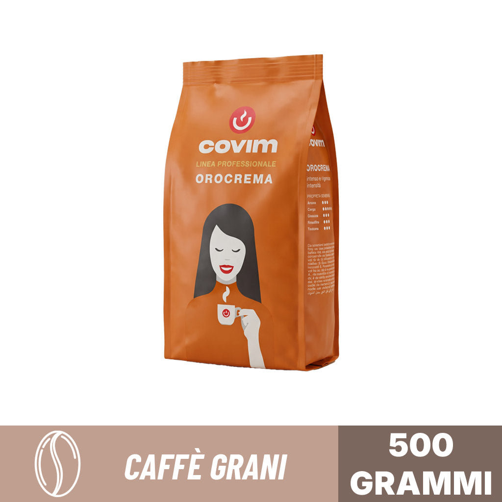 Confezione da 500 grammi di caffè in grani Covim Linea Professionale, miscela Orocrema, mostrata di tre quarti con banner grafico "Caffè Grani 500 Grammi".