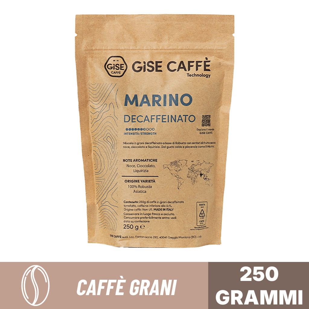 Caffè in grani Gise Marino Decaffeinato 250 g: 100% Robusta asiatica con note di noce, cioccolato e liquirizia.