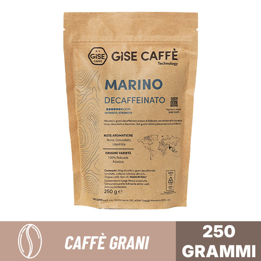 Caffè in grani Gise Marino Decaffeinato 250 g: 100% Robusta asiatica con note di noce, cioccolato e liquirizia.