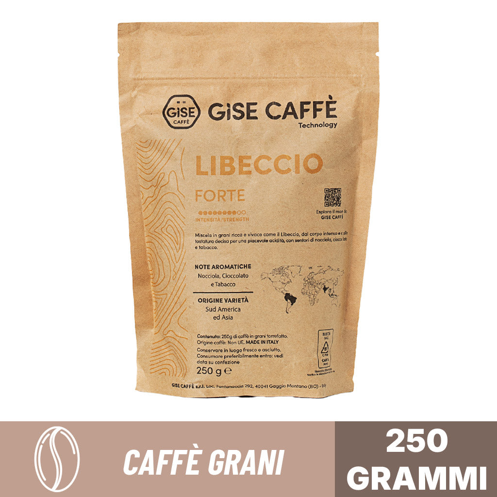 Caffè in grani Gise Libeccio Forte 250 g: miscela corposa tostatura decisa con note di nocciola, cioccolato e tabacco.