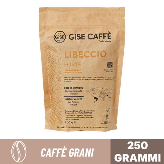 Caffè in grani Gise Libeccio Forte 250 g: miscela corposa tostatura decisa con note di nocciola, cioccolato e tabacco.