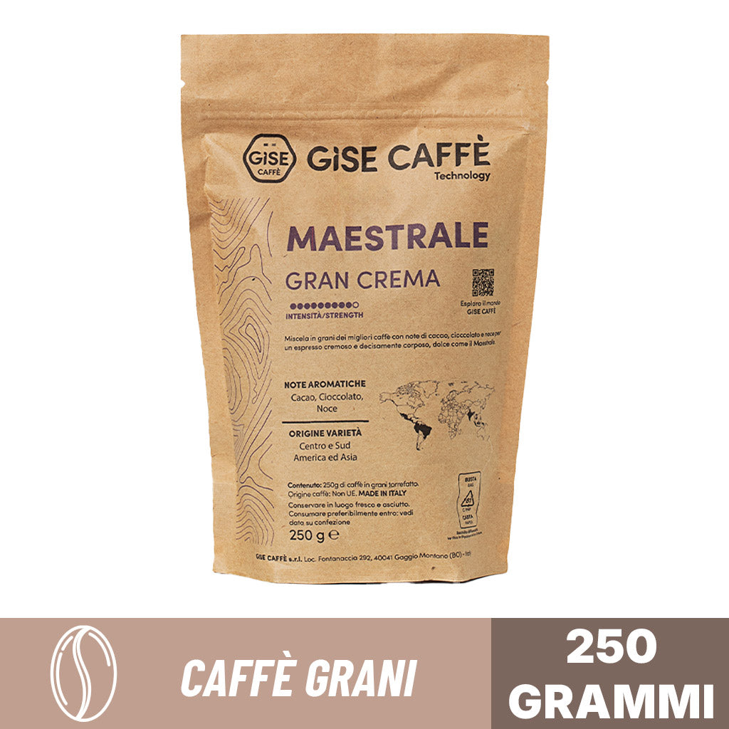Caffè in grani Gise Maestrale Gran Crema 250 g: miscela arabica e robusta cremosa con note di cacao e noce.