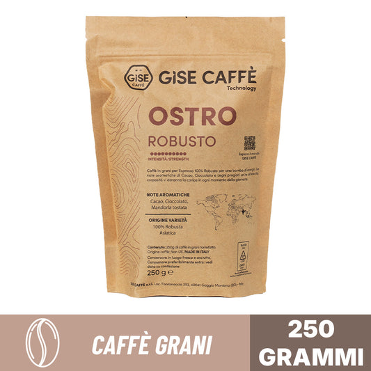Caffè in grani Gise Ostro Robusto 250 g: 100% Robusta asiatica energica con note aromatiche di cacao e mandorla tostata.