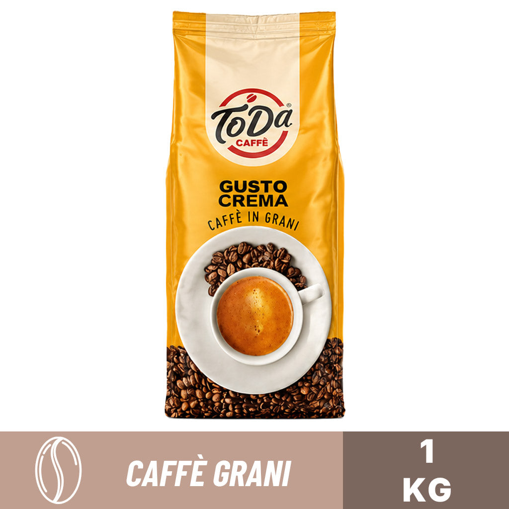 Caffè in grani Toda Gusto Crema 1 kg: miscela morbida e vellutata per macchine da caffè automatiche.