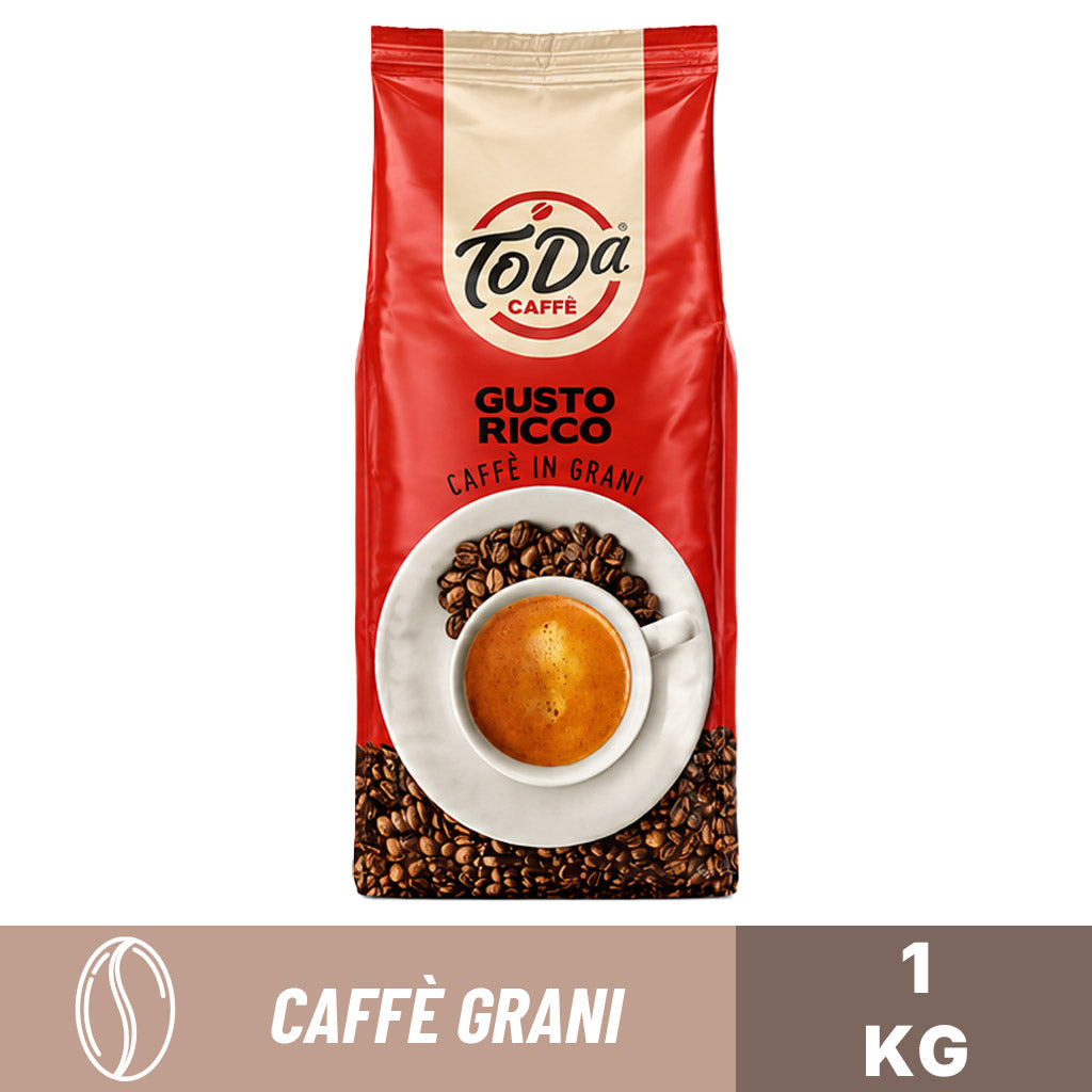 Caffè in grani Toda Gusto Ricco 1 kg: miscela corposa e intensa per macchine espresso professionali.