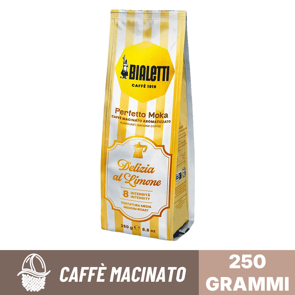 Fronte confezione caffè macinato delizia al limone perfetto moka