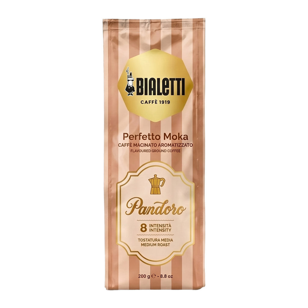 Vista frontale della confezione da 200 grammi di caffè macinato Bialetti Perfetto Moka, gusto aromatizzato Pandoro con intensità 8.