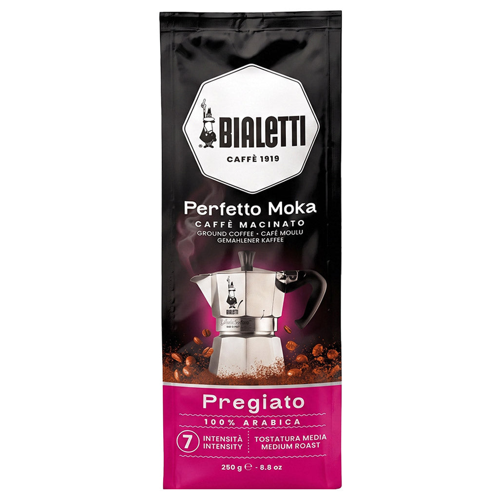 vista frontale caffè macinato perfetto moka pregiato 100% arabica
