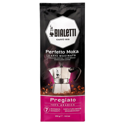vista frontale caffè macinato perfetto moka pregiato 100% arabica