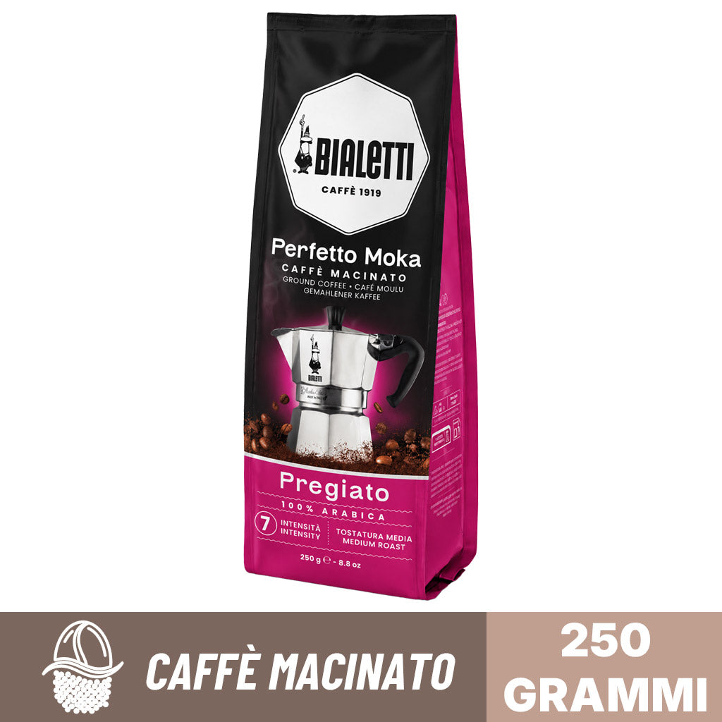 Fronte confezione caffè macinato pregiato 100% arabica perfetto moka