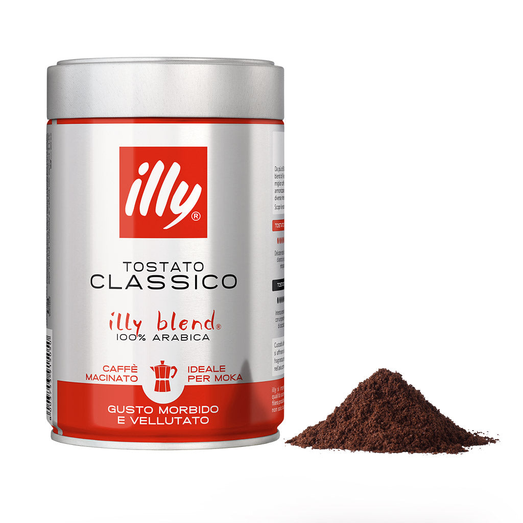 Dettaglio caffè macinato per moka Illy Tostato Classico 250g: barattolo in latta e polvere di caffè.