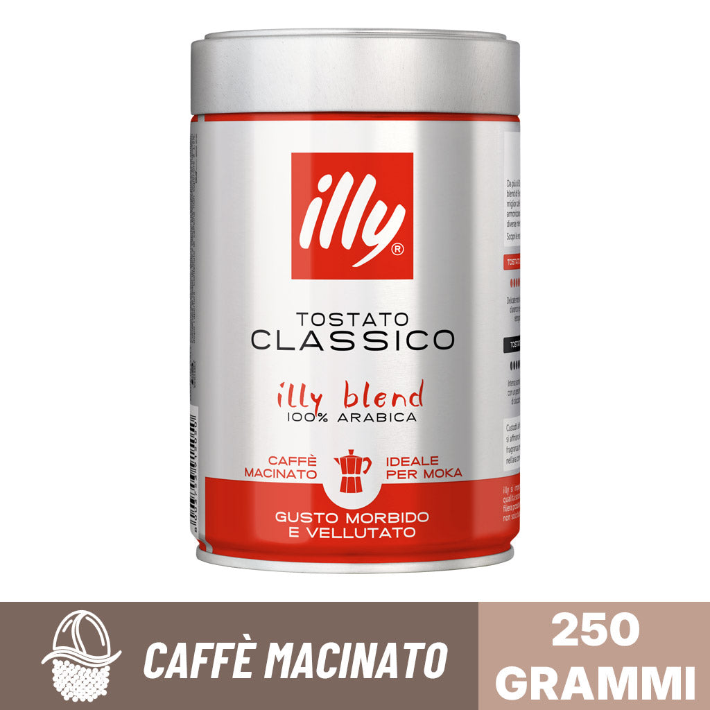 Barattolo di caffè macinato Illy Tostato Classico 100% Arabica da 250g ideale per moka.