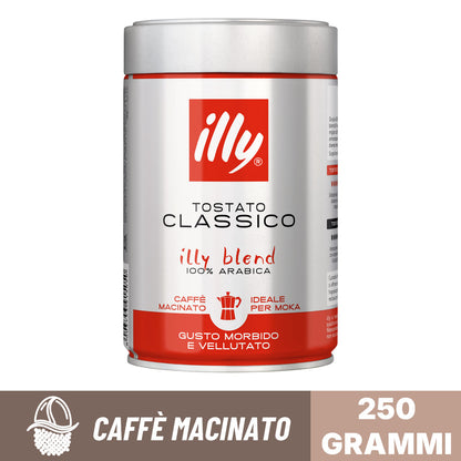 Barattolo di caffè macinato Illy Tostato Classico 100% Arabica da 250g ideale per moka.