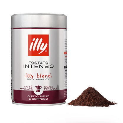Dettaglio caffè macinato per moka Illy Tostato Intenso 250g: barattolo in latta e polvere di caffè.