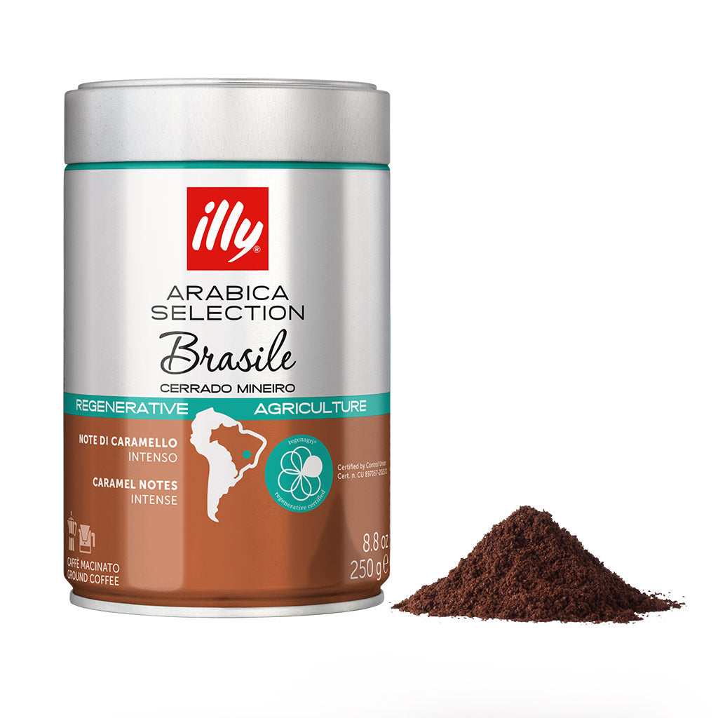 Dettaglio caffè macinato Illy Arabica Selection Brasile Cerrado Mineiro 250g: barattolo in latta con mucchietto di polvere di caffè tostato.