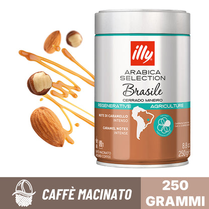 Barattolo di caffè macinato Illy Arabica Selection Brasile Cerrado Mineiro da 250g: agricoltura rigenerativa con intense note di caramello.