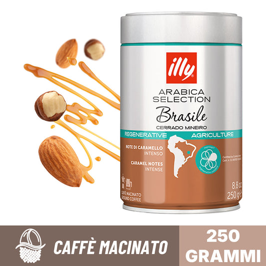 Barattolo di caffè macinato Illy Arabica Selection Brasile Cerrado Mineiro da 250g: agricoltura rigenerativa con intense note di caramello.