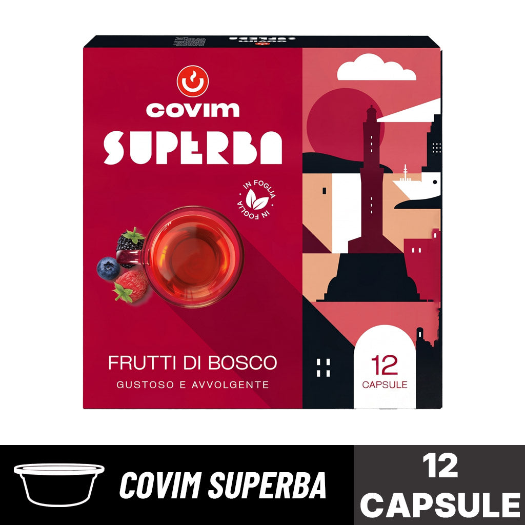Capsule Covim Superba Frutti di Bosco: confezione da 12 capsule originali per una tisana dal sapore gustoso e avvolgente