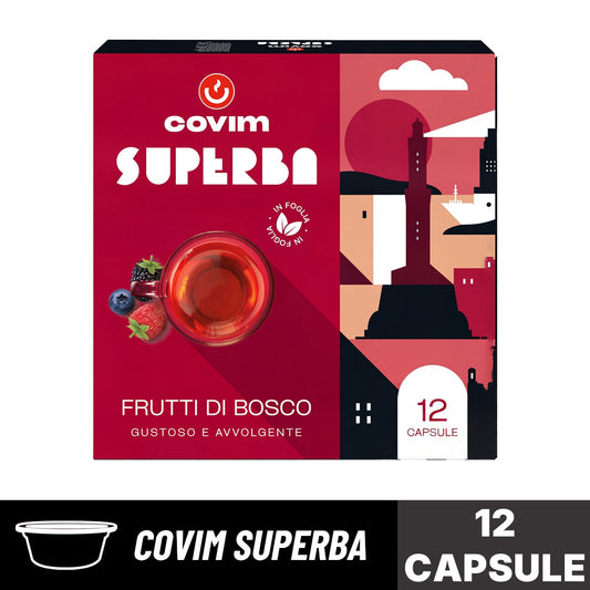 Capsule Covim Superba Frutti di Bosco: confezione da 12 capsule originali per una tisana dal sapore gustoso e avvolgente