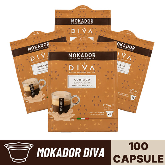 Confezione da 100 capsule Mokador Diva cortado caffe macchiato in 4 sacchetti da 25 pezzi