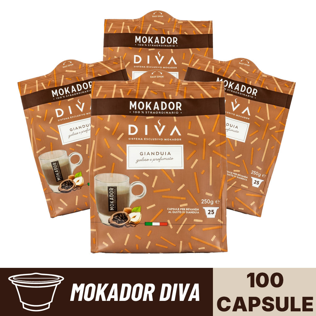 Confezione da 100 capsule Mokador Diva Gianduia in 4 sacchetti da 25 pezzi