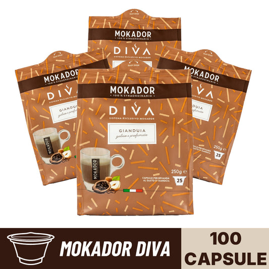 Confezione da 100 capsule Mokador Diva Gianduia in 4 sacchetti da 25 pezzi