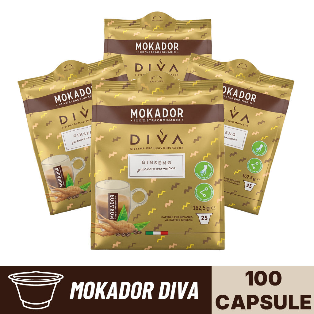Confezione da 100 capsule Mokador Diva Ginseng in 4 sacchetti da 25 pezzi