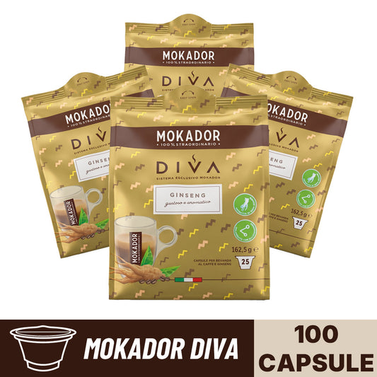 Confezione da 100 capsule Mokador Diva Ginseng in 4 sacchetti da 25 pezzi