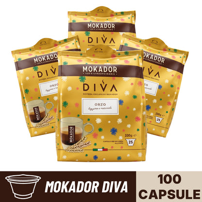 Confezione da 100 capsule Mokador Diva orzo in 4 sacchetti da 25 pezzi