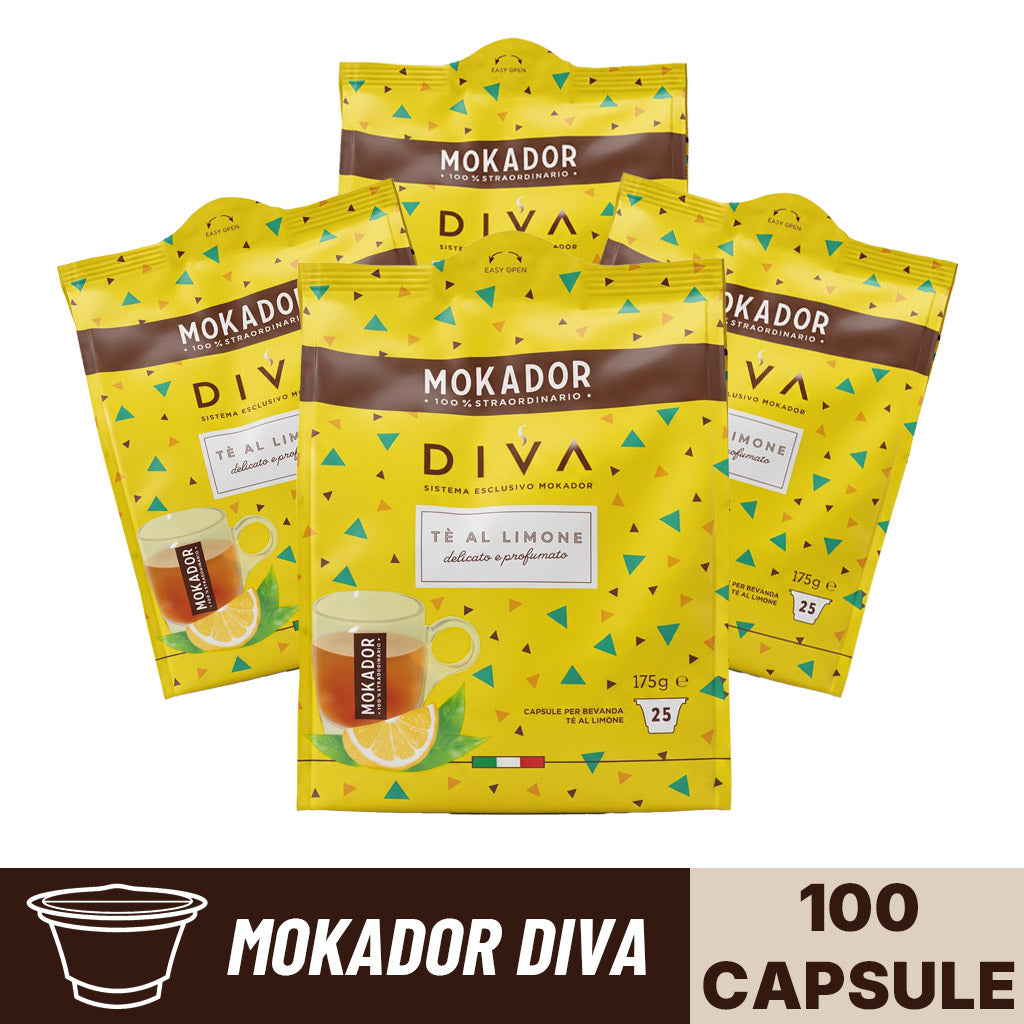 Confezione da 100 capsule Mokador Diva Te al Limone in 4 sacchetti da 25 pezzi