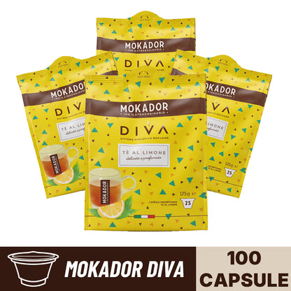 Confezione da 100 capsule Mokador Diva Te al Limone in 4 sacchetti da 25 pezzi