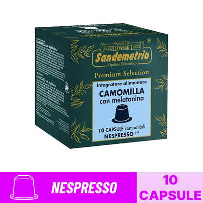 Scatola da 10 capsule compatibili Nespresso Sandemetrio Integratore Alimentare Camomilla con Melatonina Premium Selection con banner grafico.