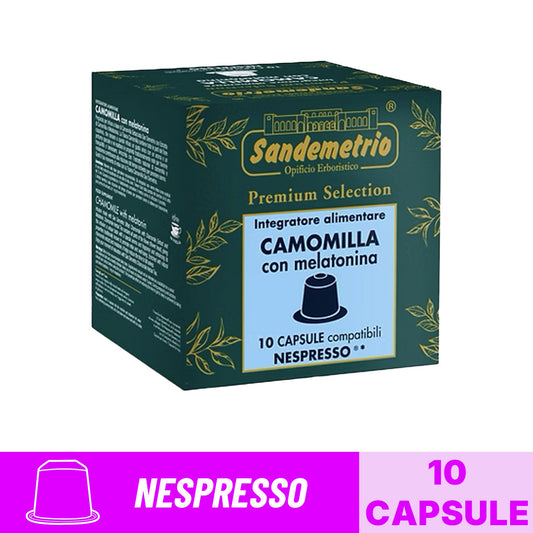 Scatola da 10 capsule compatibili Nespresso Sandemetrio Integratore Alimentare Camomilla con Melatonina Premium Selection con banner grafico.