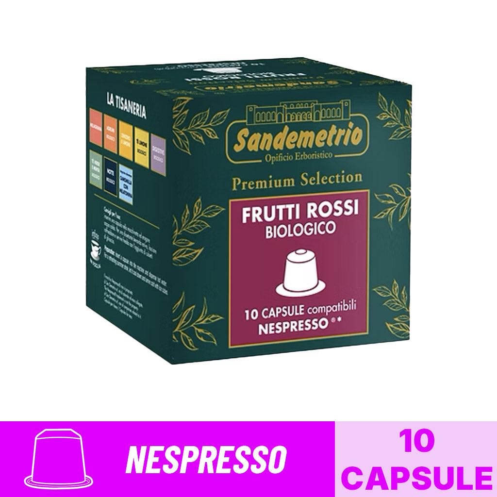 Scatola da 10 capsule compatibili Nespresso Sandemetrio Infuso Frutti Rossi Biologico Premium Selection con banner grafico.