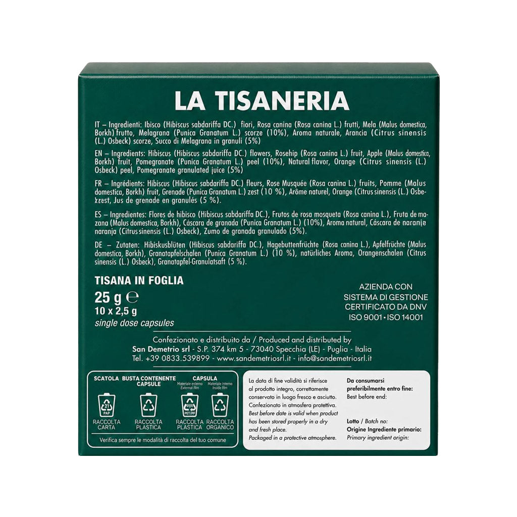 Retro della scatola di capsule compatibili Nespresso Sandemetrio Infuso Melagrana con dettaglio della lista ingredienti e informazioni di smaltimento.