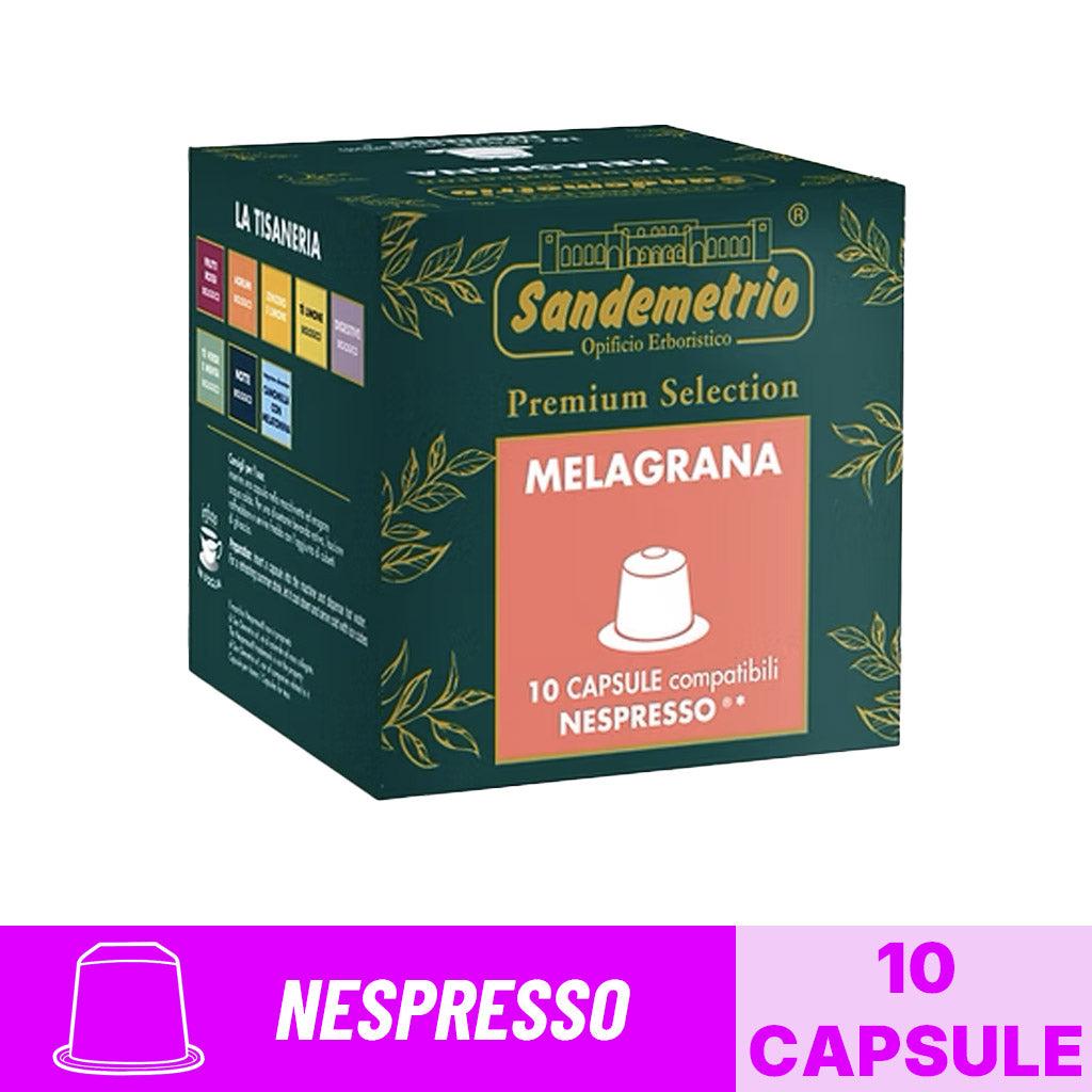 Scatola da 10 capsule compatibili Nespresso Sandemetrio Infuso Melagrana Premium Selection con banner grafico.