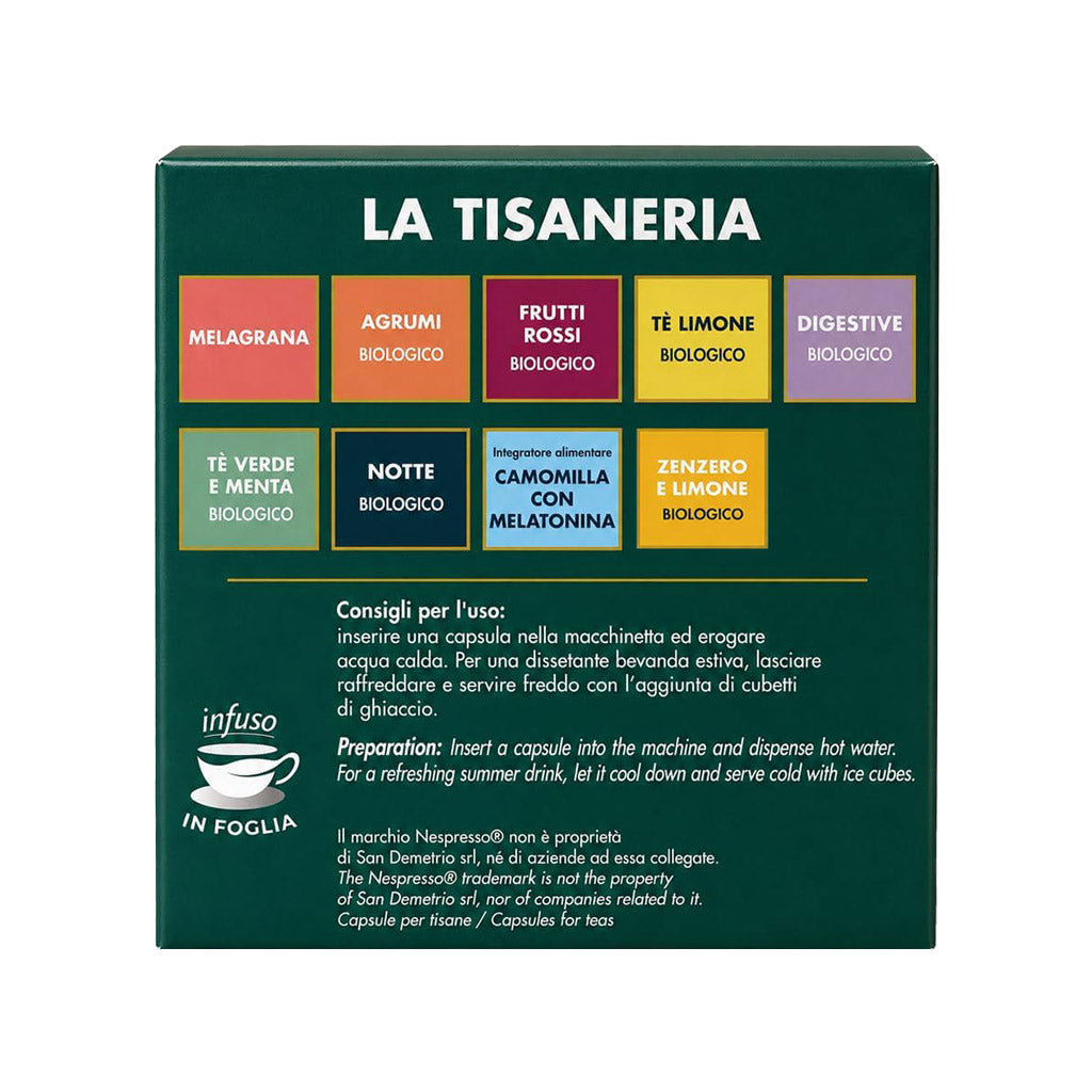 Lato della scatola di capsule compatibili Nespresso Sandemetrio con l'elenco delle bevande della linea La Tisaneria e i consigli per l'uso.