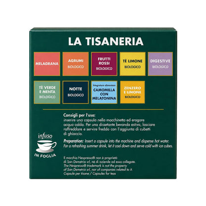 Lato della scatola di capsule compatibili Nespresso Sandemetrio con l'elenco delle bevande della linea La Tisaneria e i consigli per l'uso.