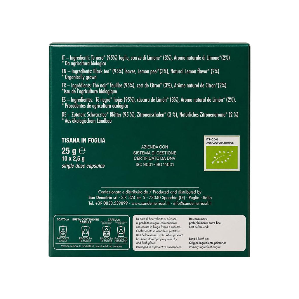 Retro della scatola di capsule compatibili Nespresso Sandemetrio Tè Limone Biologico con dettaglio della lista ingredienti e certificazione biologica.
