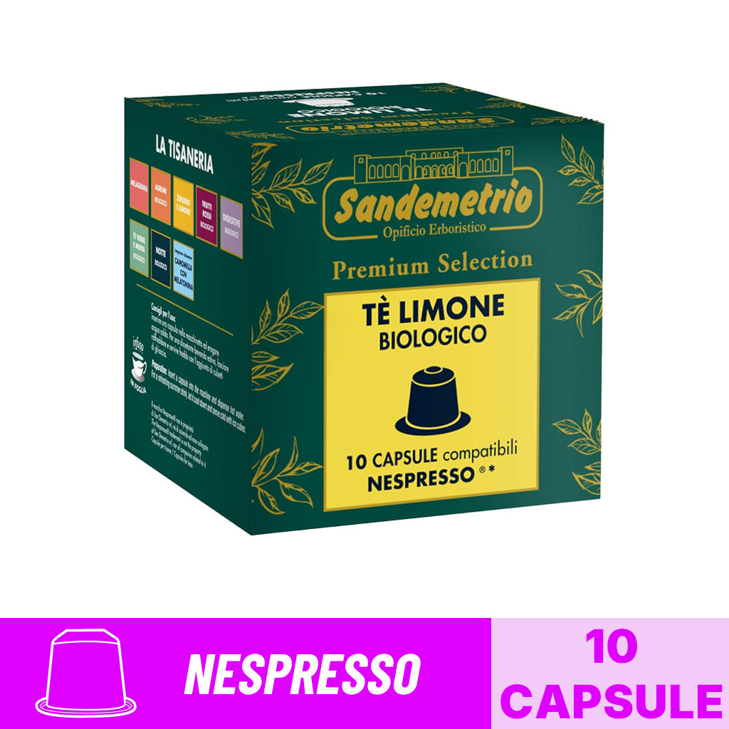 Scatola da 10 capsule compatibili Nespresso Sandemetrio Tè Limone Biologico Premium Selection con banner grafico.