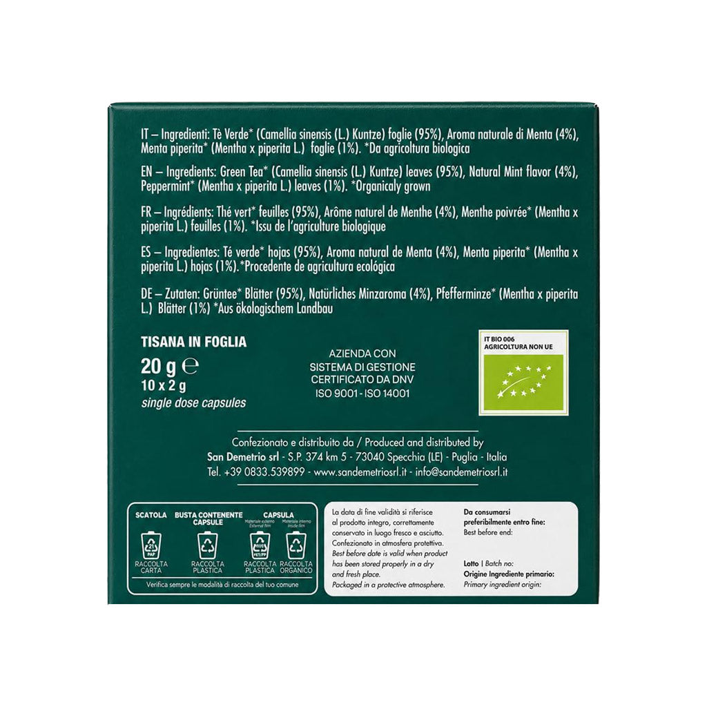 Retro della scatola di capsule compatibili Nespresso Sandemetrio Tè Verde e Menta Biologico con dettaglio della lista ingredienti e certificazione biologica.